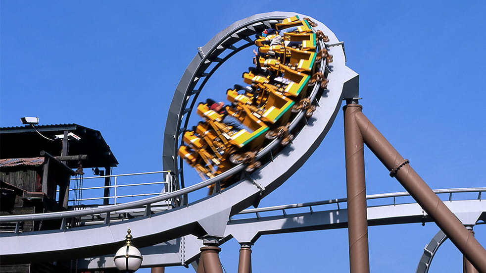 Corkscrew rollercoaster in motion at Drayton Manor Park. Staffordshire. England